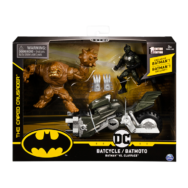 Muñecos Batman de juguete con moto y Clayface en caja