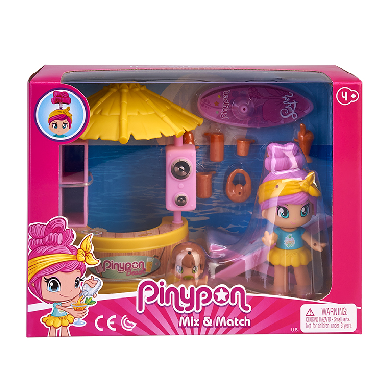 Puesto de Playa Pinypon: set de juego con 2 Figuras y Accesorios